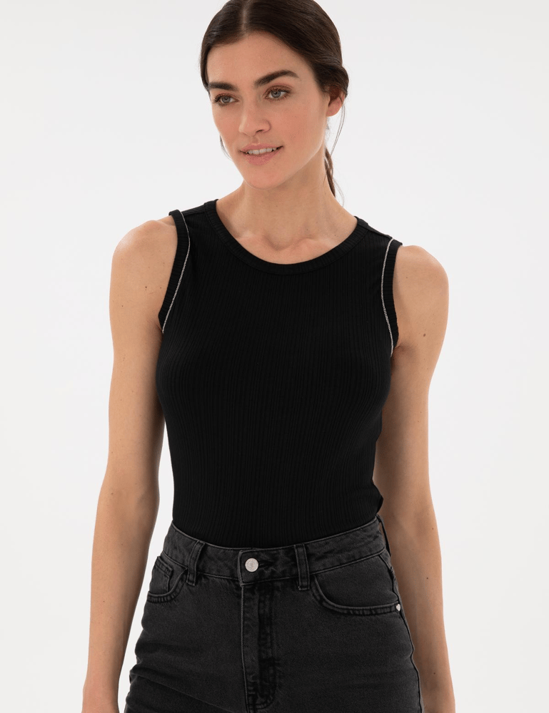 بلوزة نسائية – pierre cardin – قصة ضيقة – تريكو مضلع – اسود – S-XL – صنع في تركيا