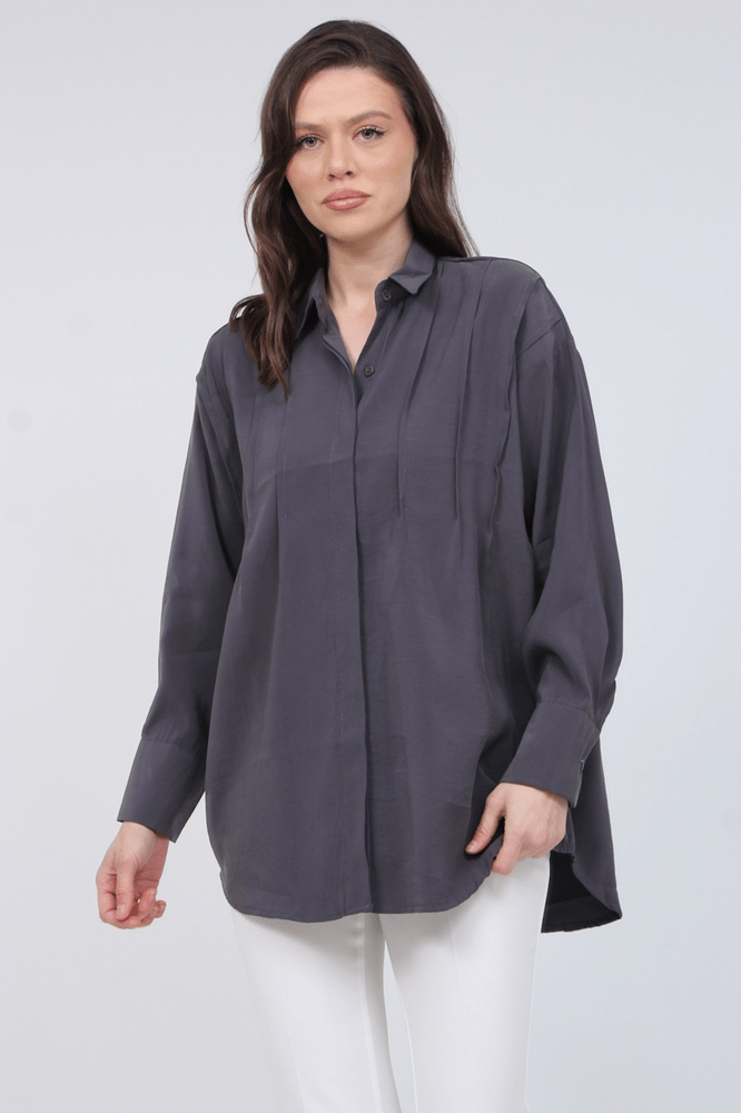 قميص نسائي – modacan toptan – بتفاصيل طيات أمامية – دبي كريب – رمادي غامق – S-XL – صنع في تركيا