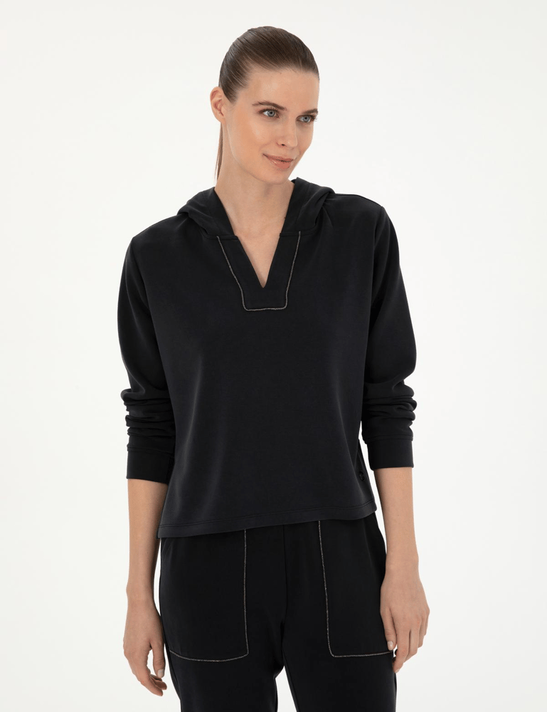 سويت شيرت نسائي – pierre cardin – غطاء للرأس – قطن محبوك – أسود – S-XL – صنع في تركيا