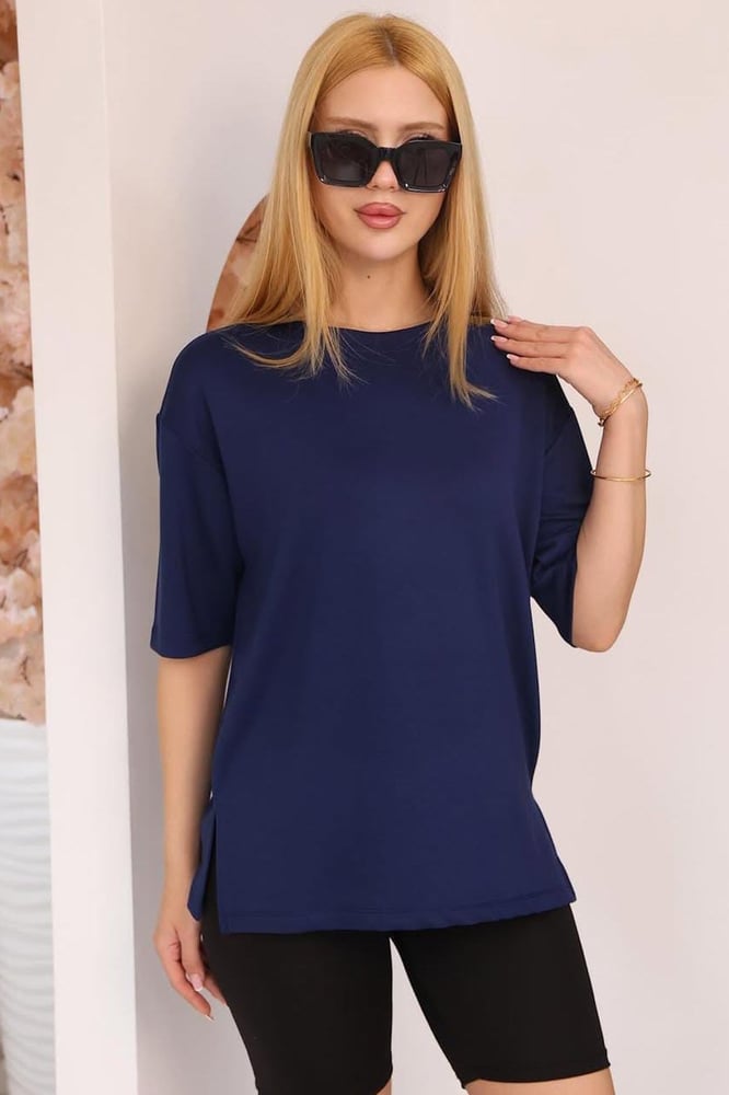 تي شيرت نسائي طويل – modacan toptan – كحلي – قطن سنجل جيرسيه – S-M-L-XL – صنع في تركيا