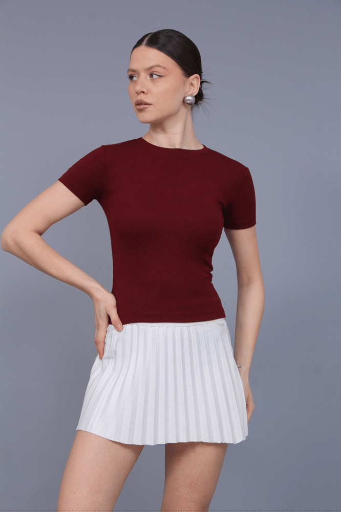 توب نسائي – modacan toptan – قصة كروب – قماش ريب – برغندي – S-L – صنع في تركيا