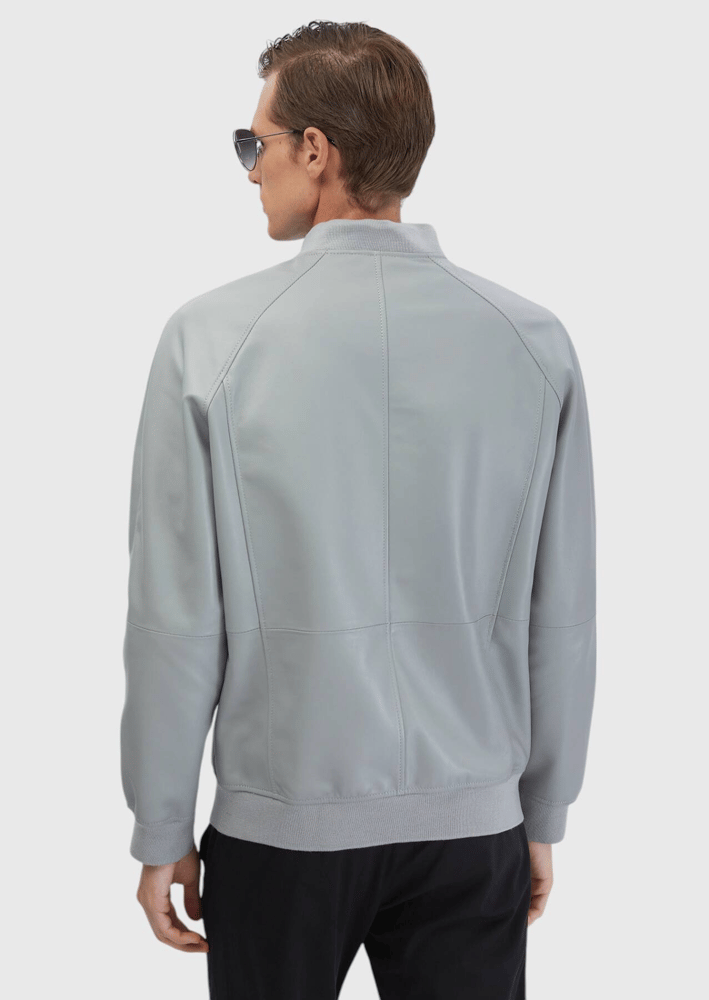 جاكيت جلدي رجالي – Ramsey – رمادي سادة – ياقة عالية – جلد غنم -  S، M، L، XL، XXL، - صنع في تركيا
