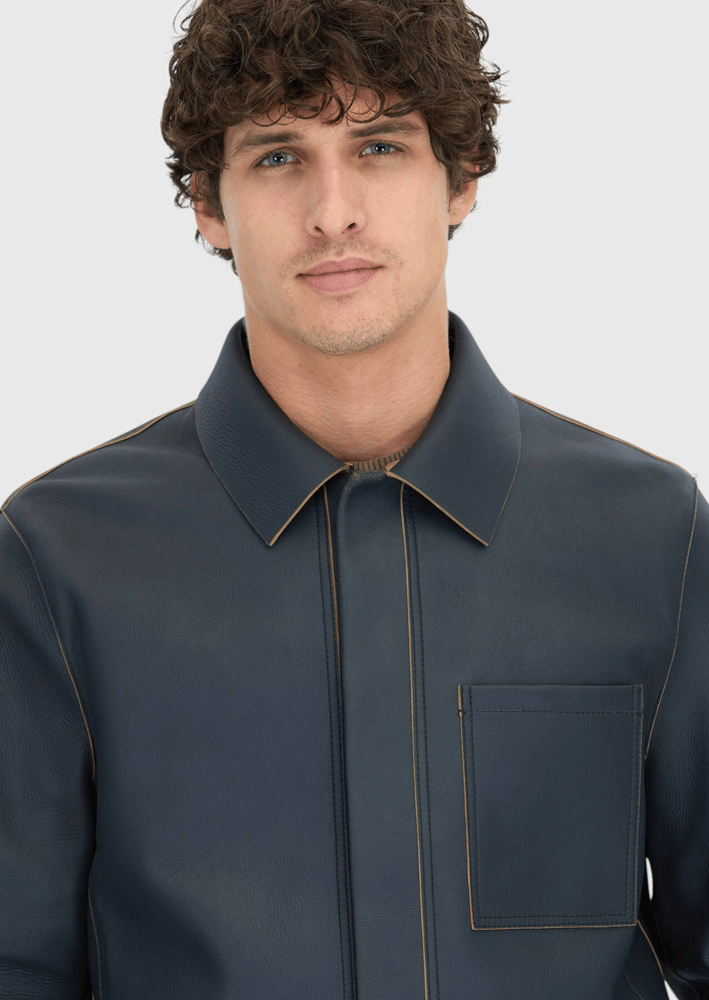 جاكيت جلدي رجالي – Ramsey – رمادي سادة – ياقة قميص – جلد غنم -  S، M، L، XL، XXL، XXXL- صنع في تركيا