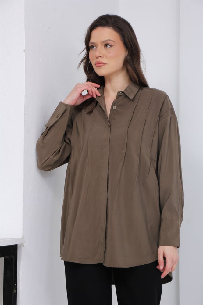 قميص نسائي – modacan toptan – بتفاصيل طيات أمامية – دبي كريب – كاكي – S-XL – صنع في تركيا