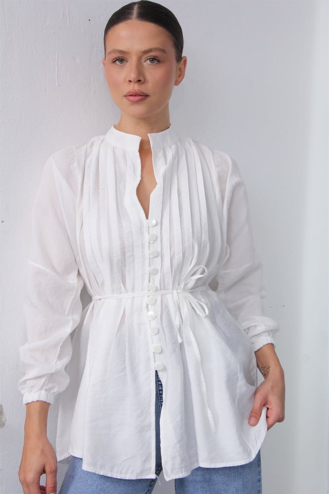 قميص نسائي – modacan toptan – بتفاصيل طيات صدر – مودال – ابيض – S-XL – صنع في تركيا