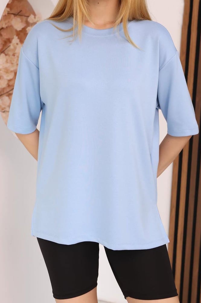 تي شيرت نسائي طويل – modacan toptan – ازرق فاتح – قطن سنجل جيرسيه – S-M-L-XL – صنع في تركيا