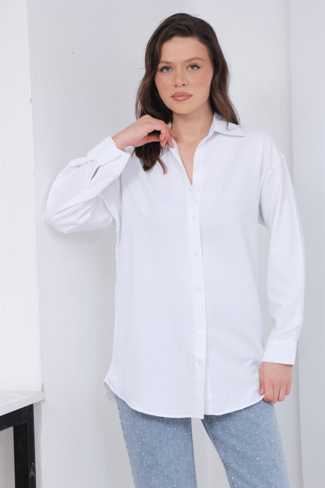قميص نسائي طويل – modacan toptan – أبيض – بوبلين  –  S-M-L-XL – صنع في تركيا