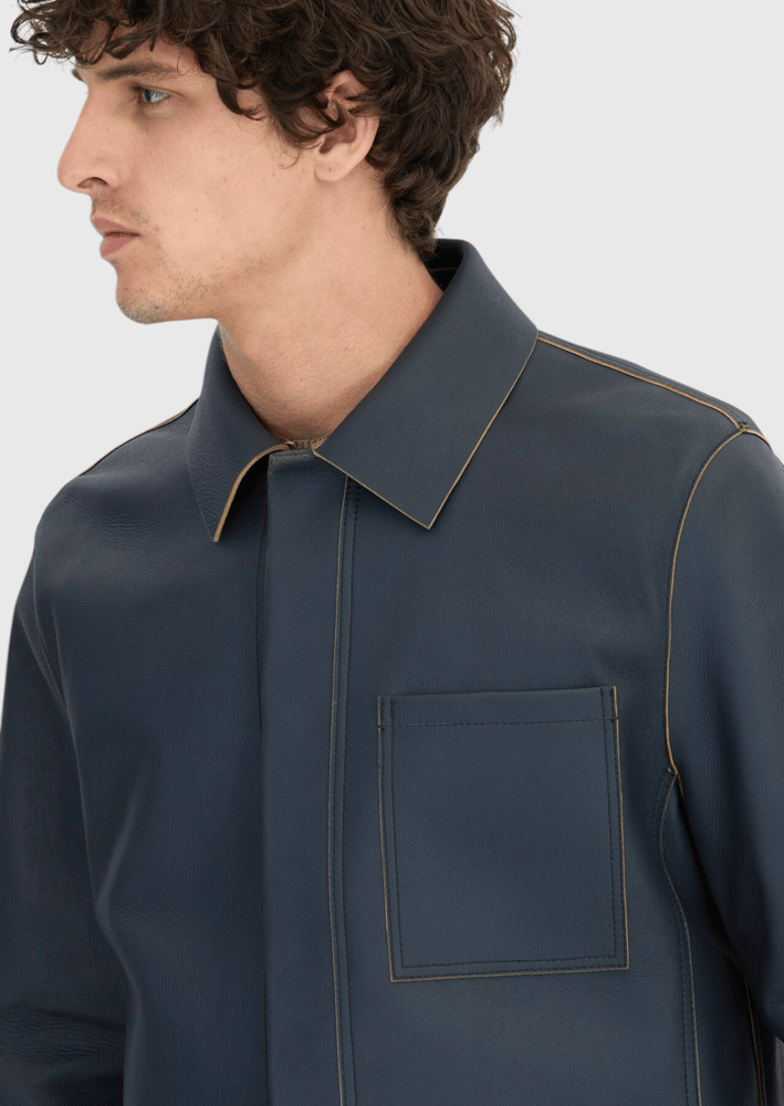 جاكيت جلدي رجالي – Ramsey – رمادي سادة – ياقة قميص – جلد غنم -  S، M، L، XL، XXL، XXXL- صنع في تركيا