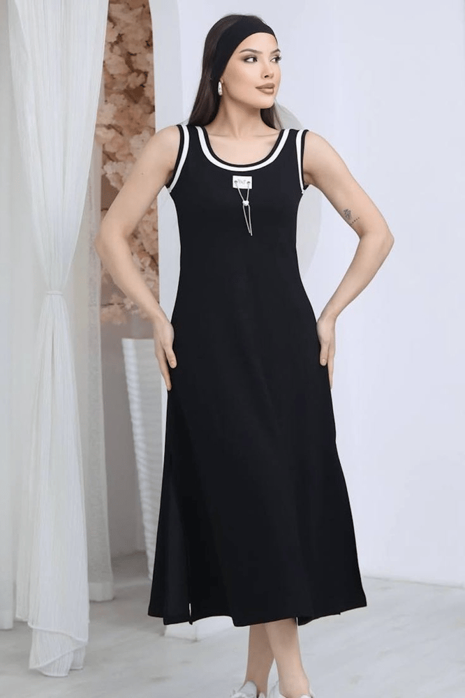 فستان ميدي نسائي بدون أكمام – modacan toptan – اسود – قطن ريب – S - M - L- XL – صنع في تركيا