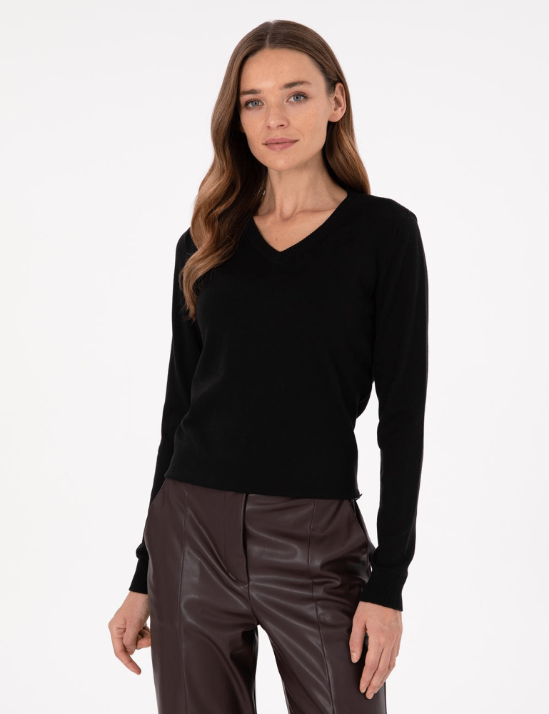 كنزة نسائية – pierre cardin – ياقة V – قطن – سوداء – S-XL – صنع في تركيا