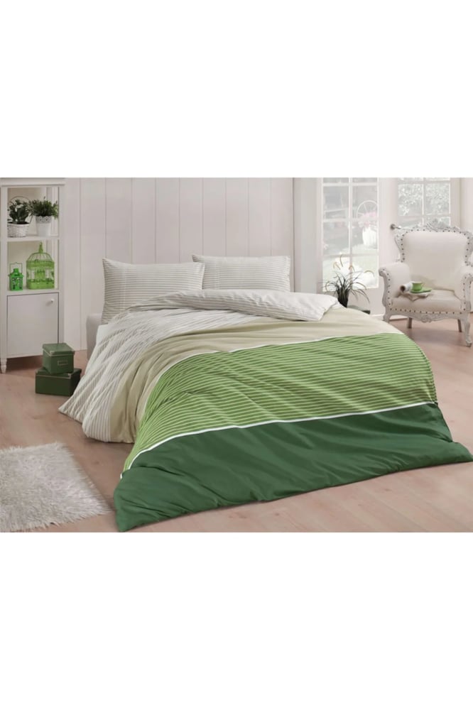 طقم غطاء لحاف – mendereshome – أخضر بنقشة خطوط – قطن – مقاس سوبر كينج
