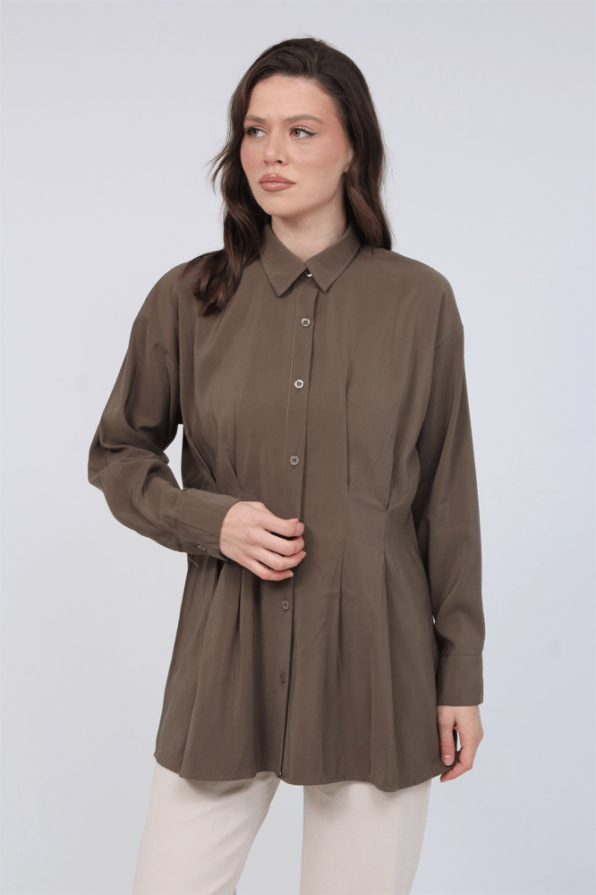 قميص نسائي – modacan toptan – بتفاصيل كسرات – قطن – كاكي – S-XL – صنع في تركيا