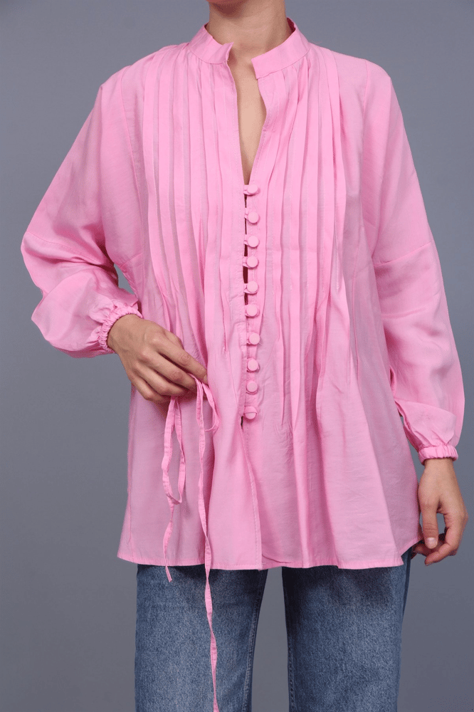 قميص نسائي – modacan toptan – بتفاصيل طيات صدر – مودال – وردي – S-XL – صنع في تركيا