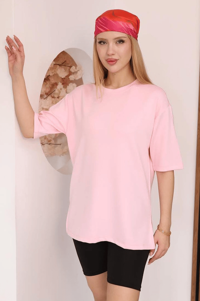 تي شيرت نسائي طويل – modacan toptan – وردي – قطن سنجل جيرسيه – S-M-L-XL – صنع في تركيا