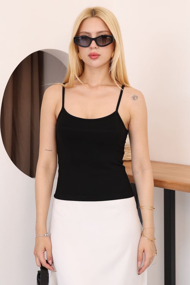 توب نسائي بحمالات رفيعة – modacan toptan – اسود – قطن ريب – S - M - L- XL – صنع في تركيا