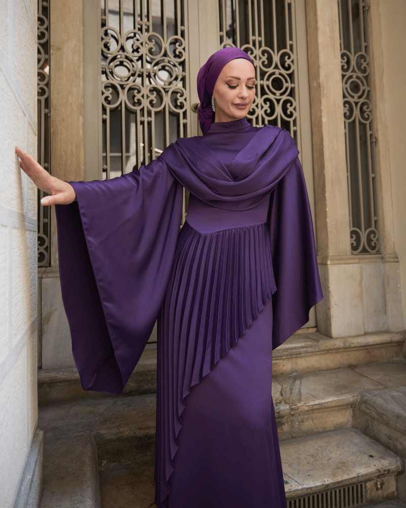 فستان سهرة نسائي – sureyyaistif – موف – كريب ساتان – قصة كاملة
