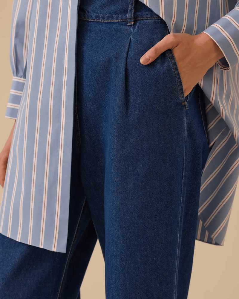 بنطلون جينز نسائي – secilstore – أزرق داكن – قطن – خصر مرتفع وأرجل واسعة – 38، 40، 42، 44 – صنع في تركيا