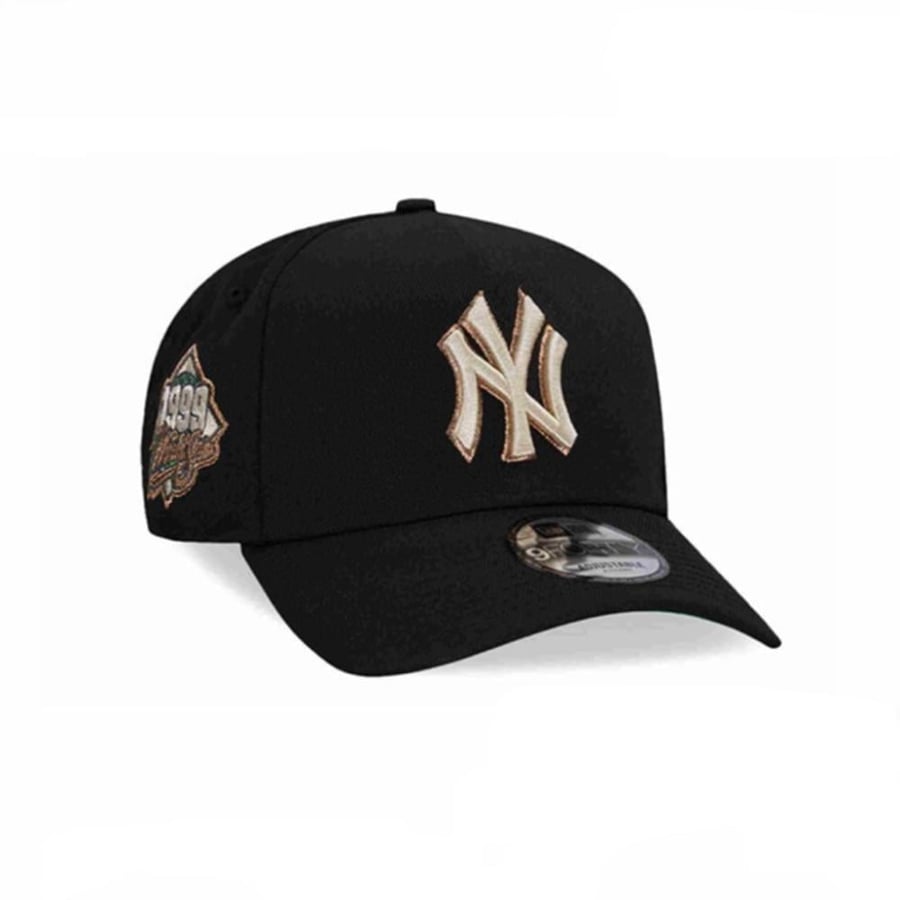 New Era cap, black fabric with beige embroidery
