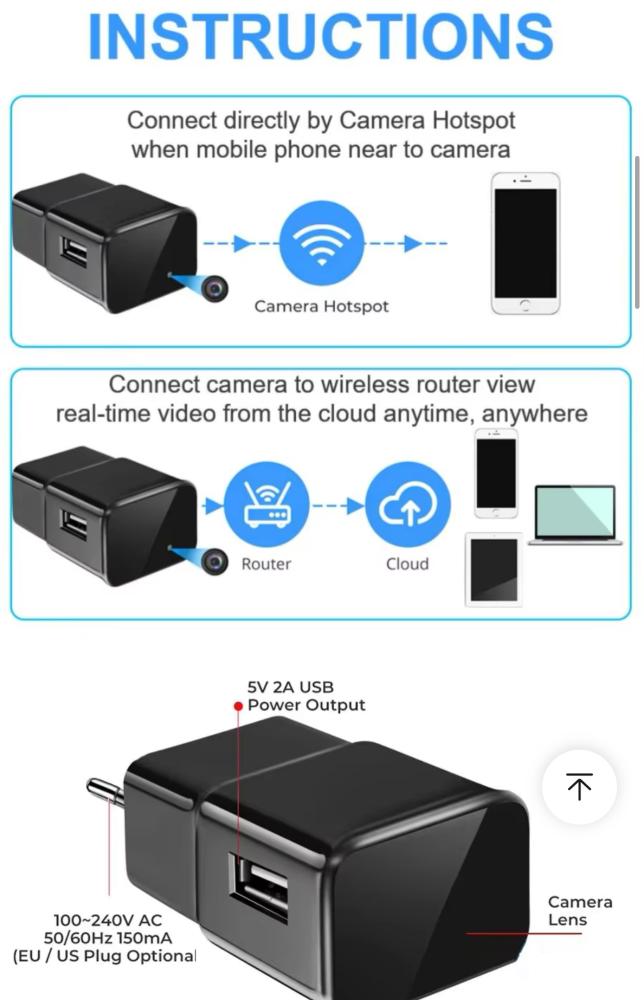 شاحن جوال بكاميرا مخفية USB 1080P لمراقبة المنزل تعمل على جميع الأجهزة الاكترونية.  Mobile charger with a hidden camera for home monitoring that works with both iOS and Android devices.