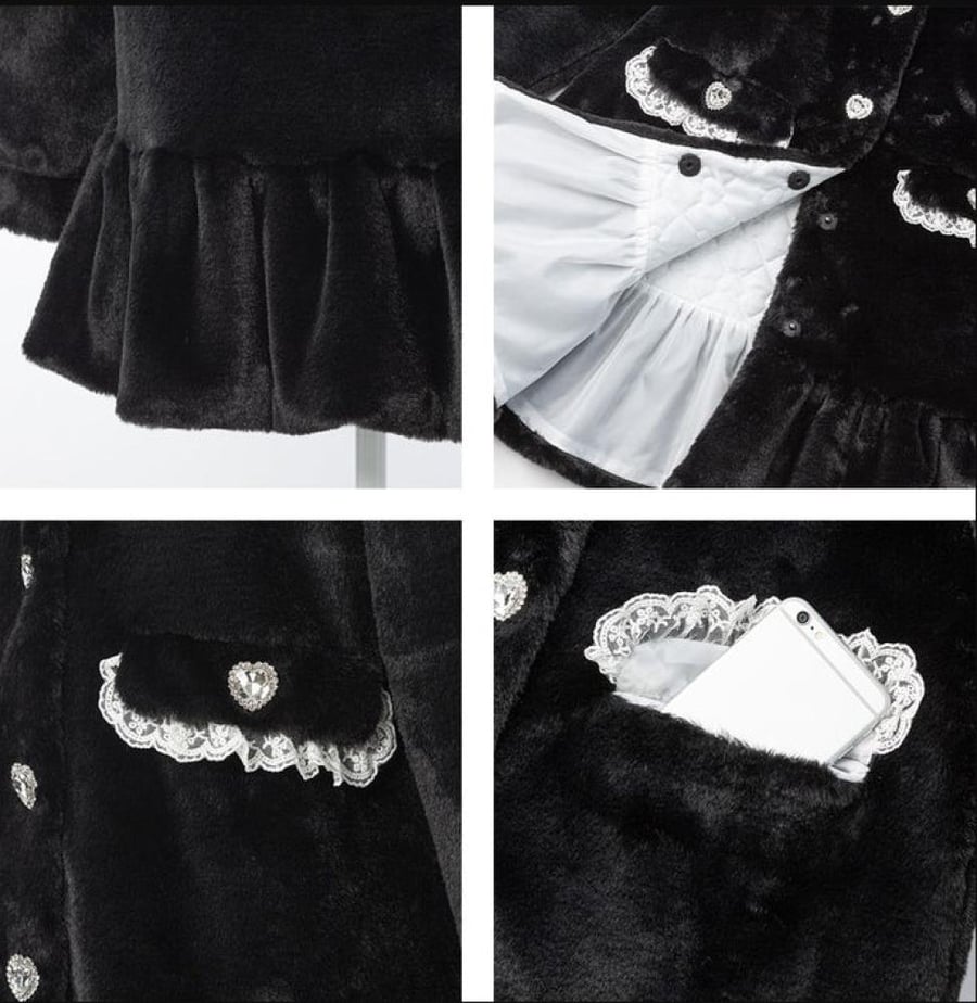 [حجز - قادمة خلال 4 اسابيع] معطف جيراي كي A-Line بالفرو وفيونكات القلوب | Jirai Kei Heart-Filled Frill A-Line Fur Coat