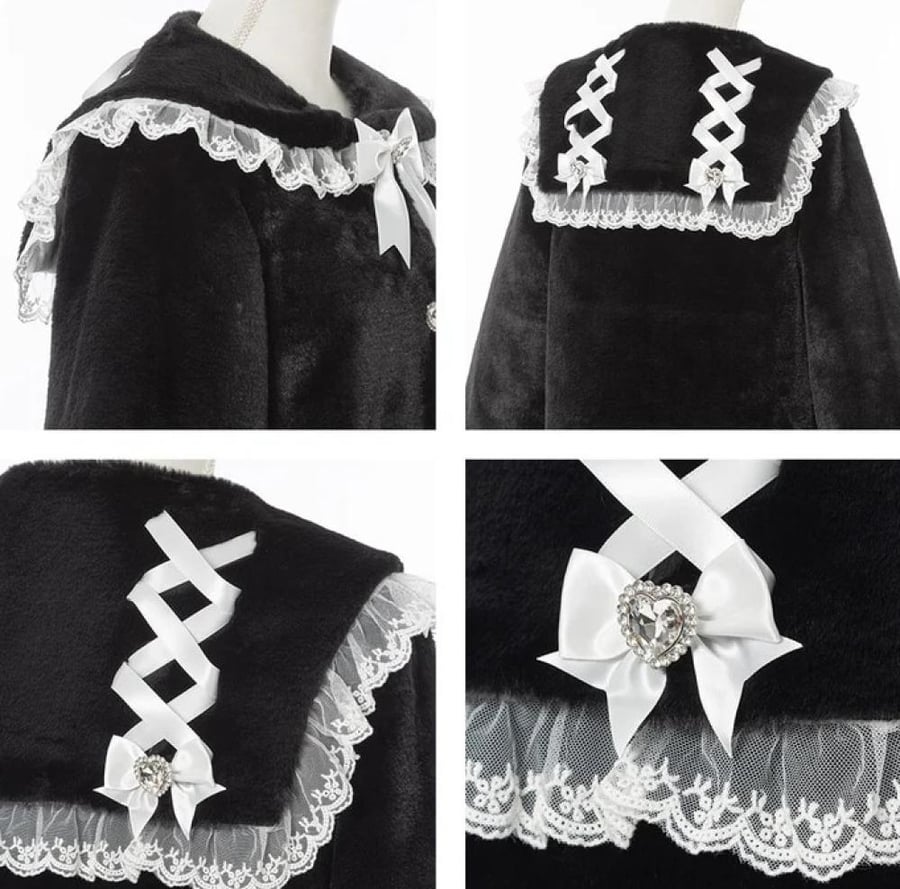 [حجز - قادمة خلال 4 اسابيع]معطف فرو جيراي كي بياقة بحارة واربطه خلفية | Jirai Kei Back Lace-Up Bejeweled Sailor Fur Coat