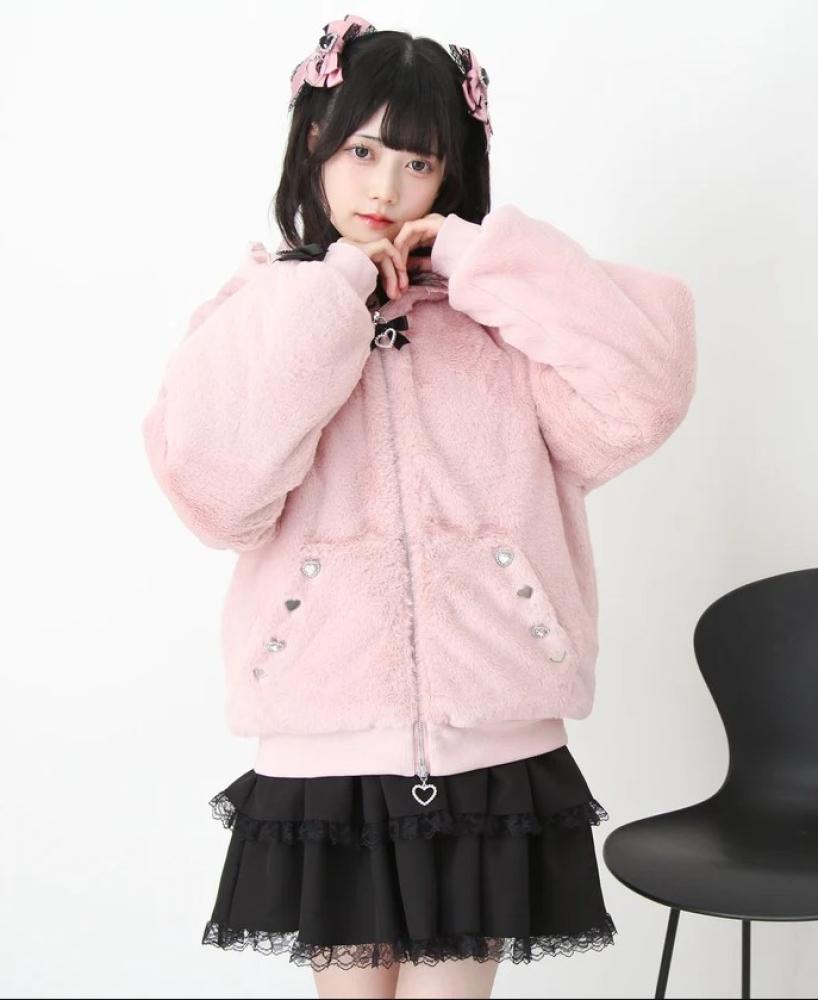 [حجز - قادمة خلال 4 اسابيع] جاكيت فرو جيراي كي بقبعة ودانتيل | Jirai Kei Lace Hooded Fur Blouson