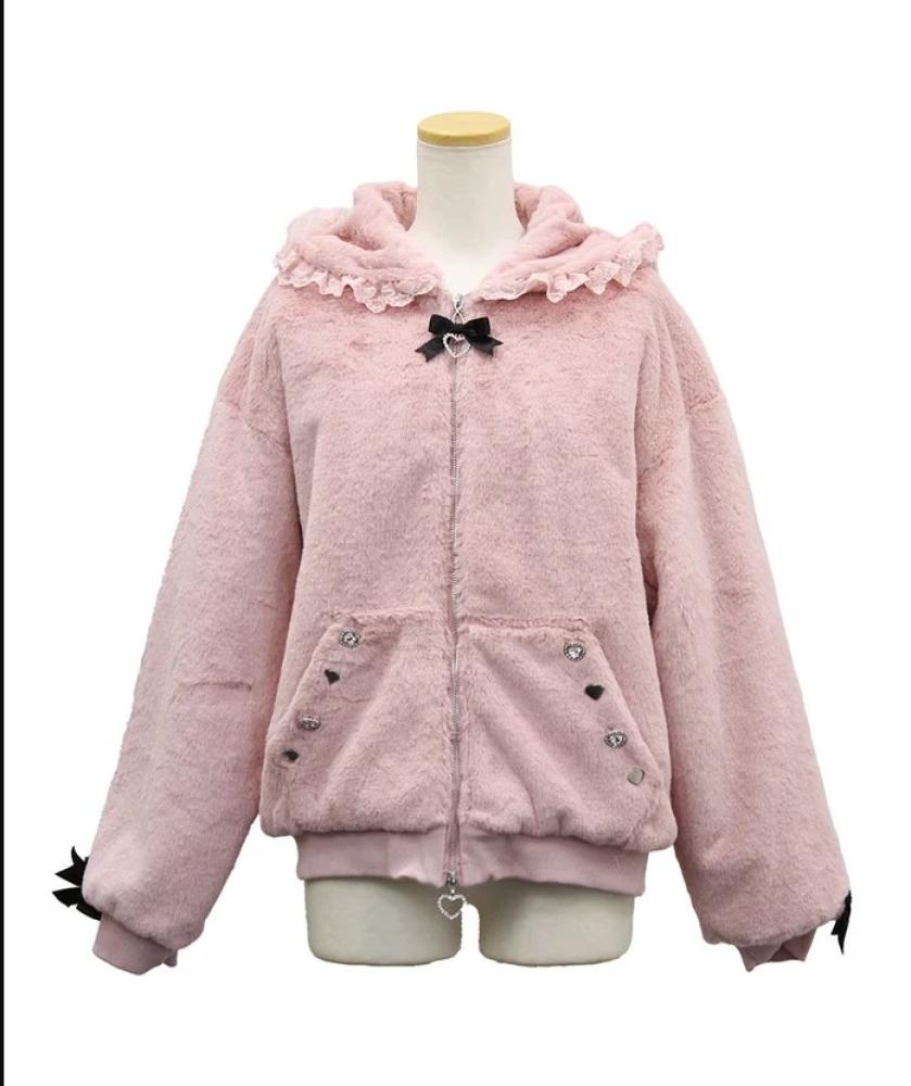 [حجز - قادمة خلال 4 اسابيع] جاكيت فرو جيراي كي بقبعة ودانتيل | Jirai Kei Lace Hooded Fur Blouson