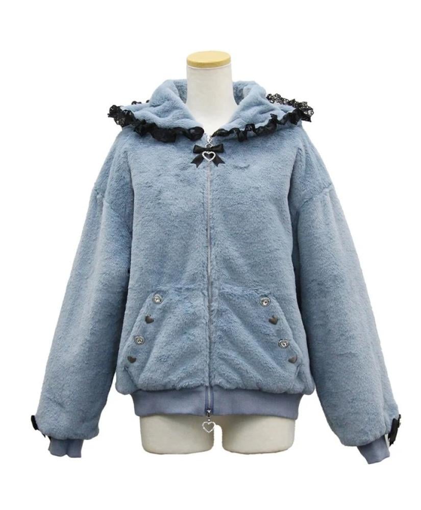 [حجز - قادمة خلال 4 اسابيع] جاكيت فرو جيراي كي بقبعة ودانتيل | Jirai Kei Lace Hooded Fur Blouson