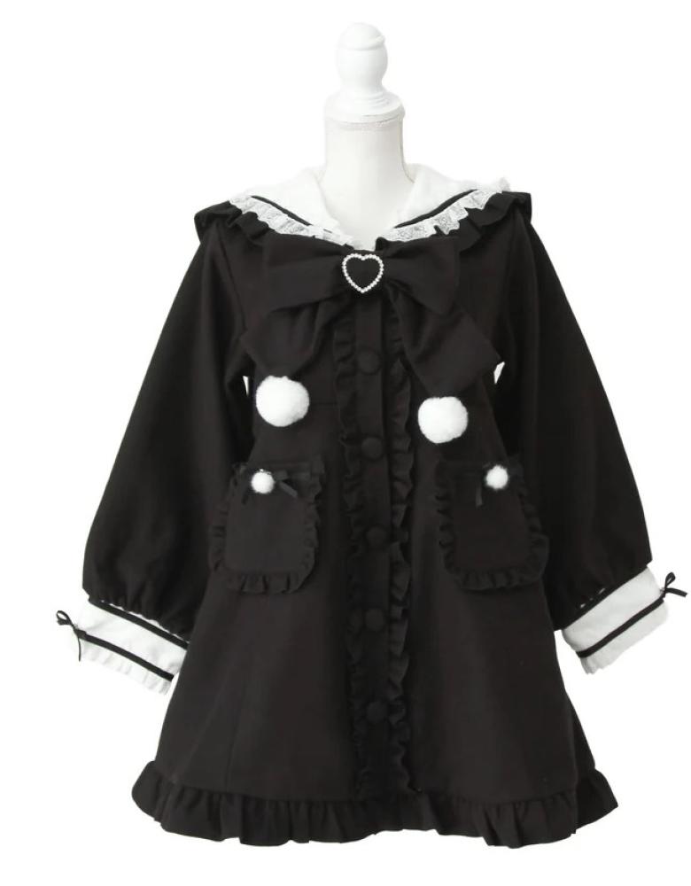 [حجز - قادمة خلال 4 اسابيع] معطف جيراي كي بياقة بحارة وفيونكات بوم بوم | Jirai Kei Pom-Pom Ribbon Sailor Collar Frill Coat