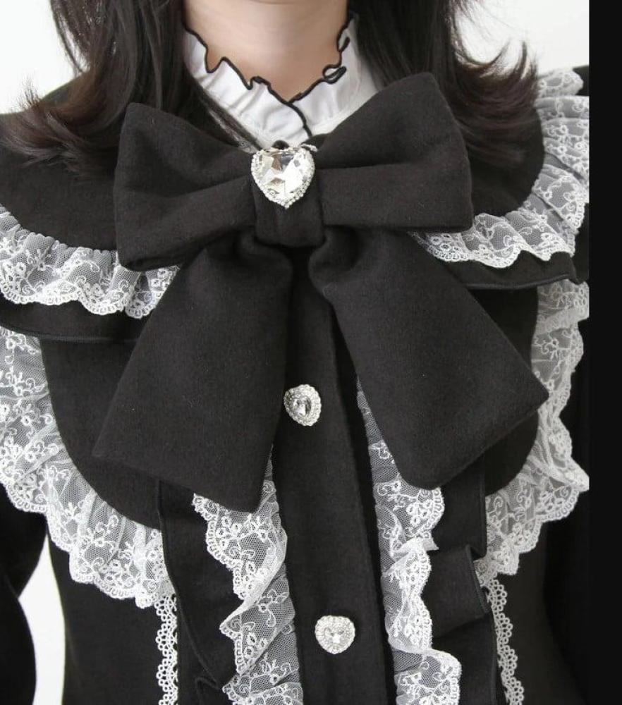 [حجز - قادمة خلال 4 اسابيع] معطف جيراي كي بقصة A-Line وفيونكة | Jirai Kei Round Collar Yoke Ribbon Frill Coat