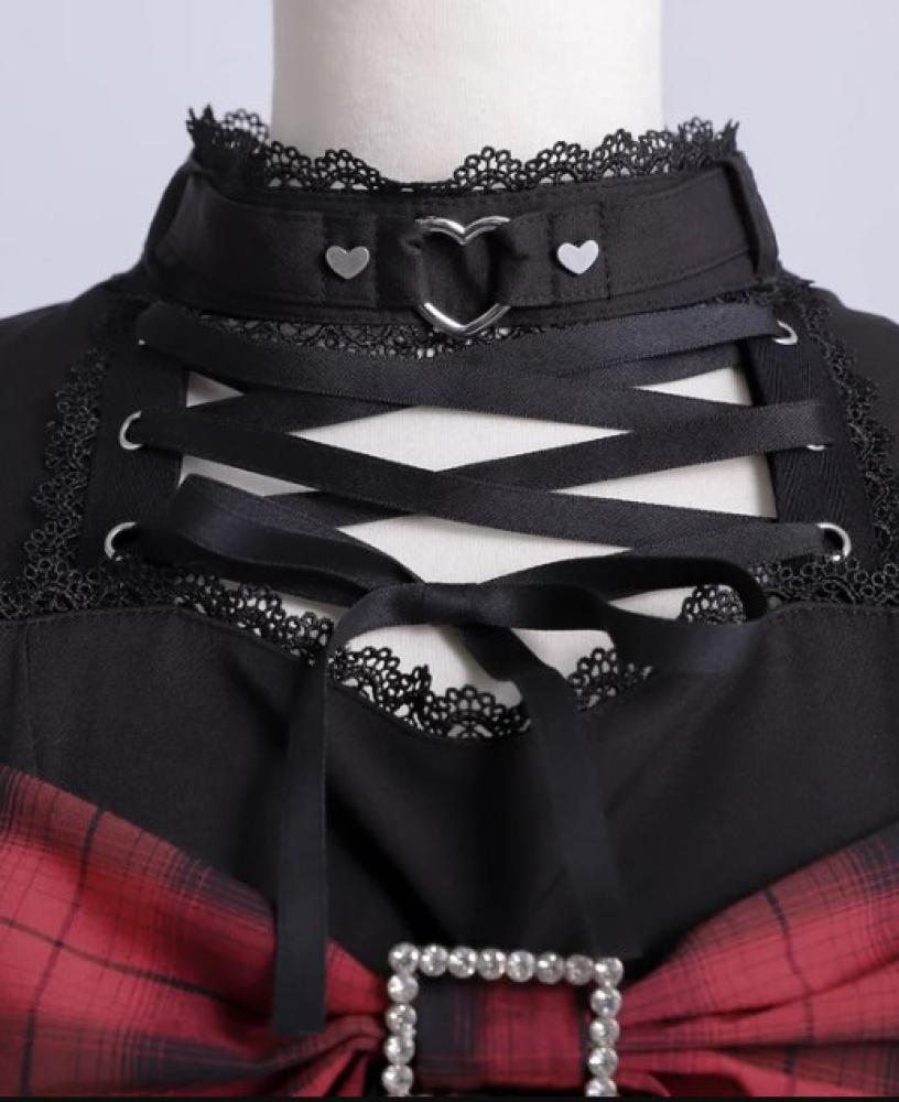 [حجز - قادمة خلال 4 اسابيع]طقم جيراي كي بفيونكة كبيرة واربطه دانتيل وحزام القلب | Jirai Kei Lace-Up Big Ribbon Heart Belt Set-Up