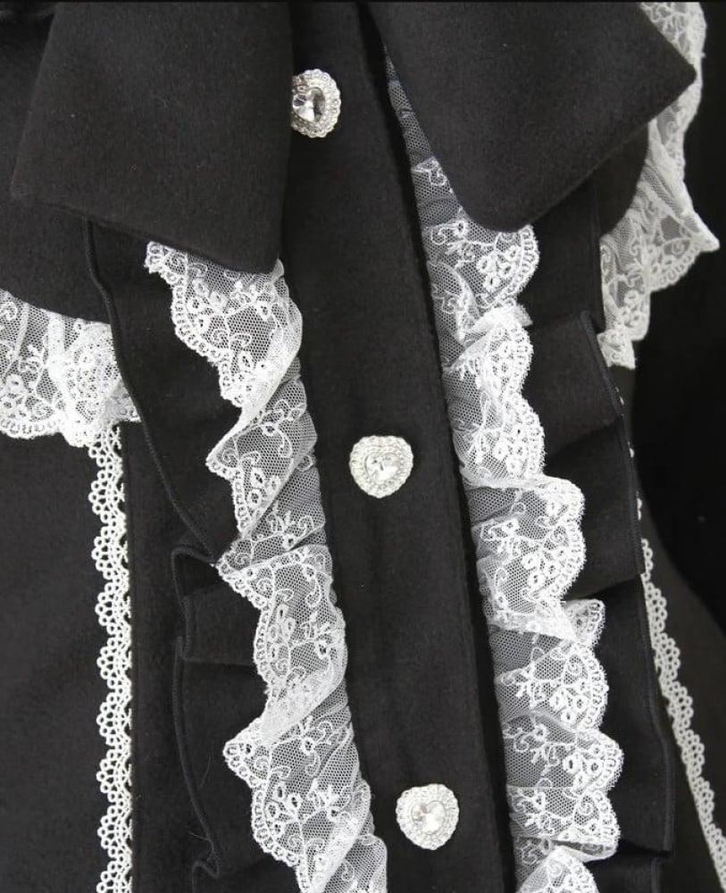 [حجز - قادمة خلال 4 اسابيع] معطف جيراي كي بقصة A-Line وفيونكة | Jirai Kei Round Collar Yoke Ribbon Frill Coat