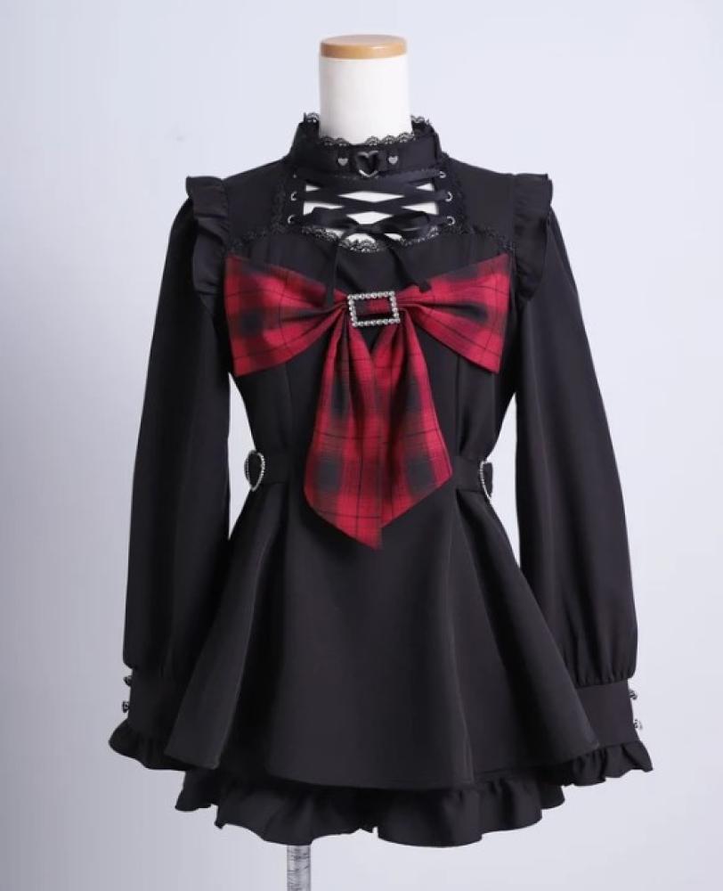 [حجز - قادمة خلال 4 اسابيع]طقم جيراي كي بفيونكة كبيرة واربطه دانتيل وحزام القلب | Jirai Kei Lace-Up Big Ribbon Heart Belt Set-Up
