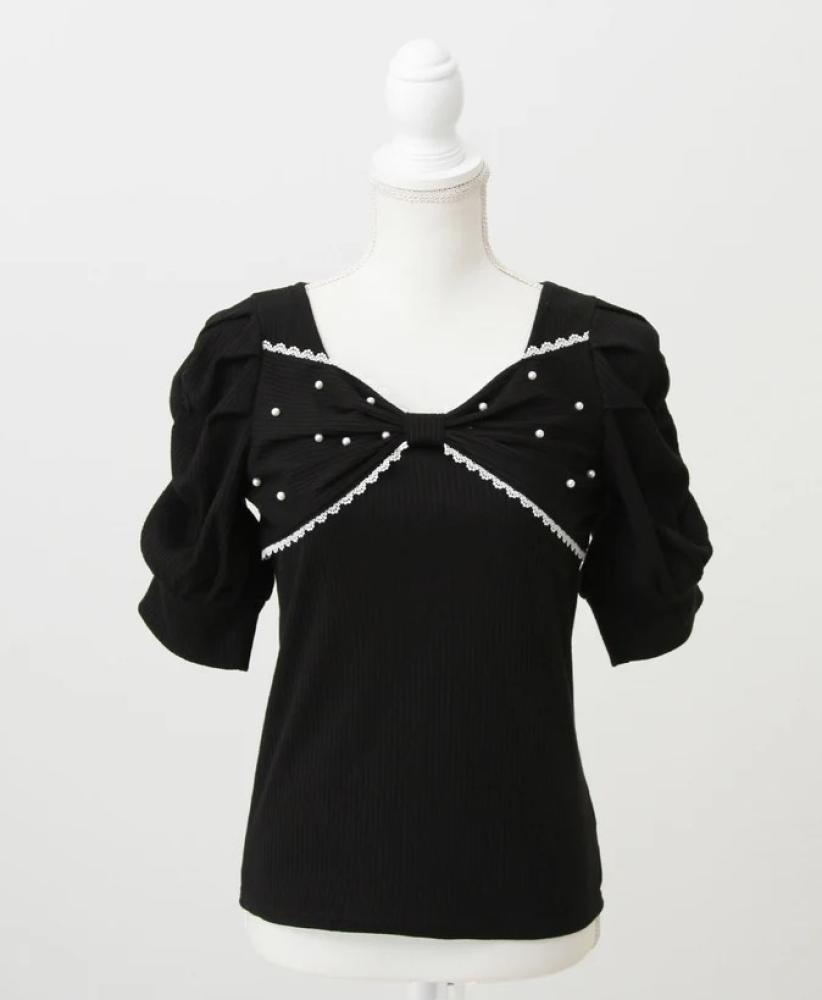 [حجز - قادمة خلال 4 اسابيع] بلوزة توب جيراي كي فيونكة ولؤلؤ | Jirai Kei Pearl Ribbon Ribbed Top