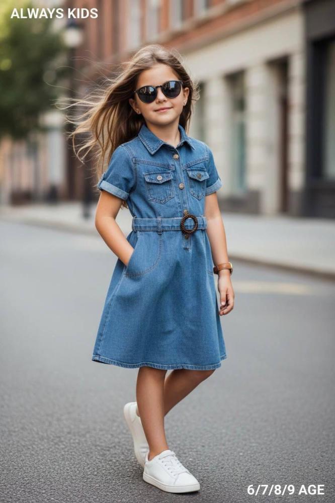 Girls' denim dress, medium length, with short sleeves, decorated with pockets and a waist belt - Turkish craftsmanship