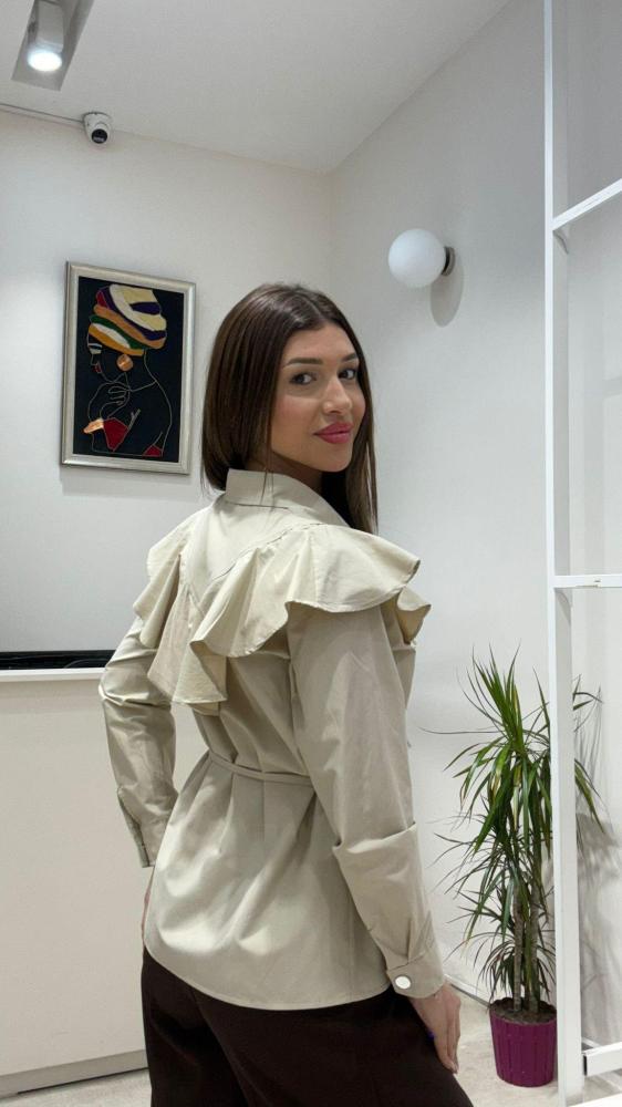 قميص راقي بأكمام طويلة مع ربطة خصر - لون بيجي - صناعة تركية - 202572
