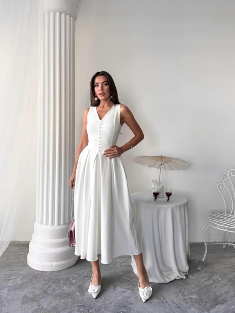 فستان ناعم وانيق بلا اكمام مزين بتفاصيل الأزرار المنسدلة - صناعة تركية - 3031