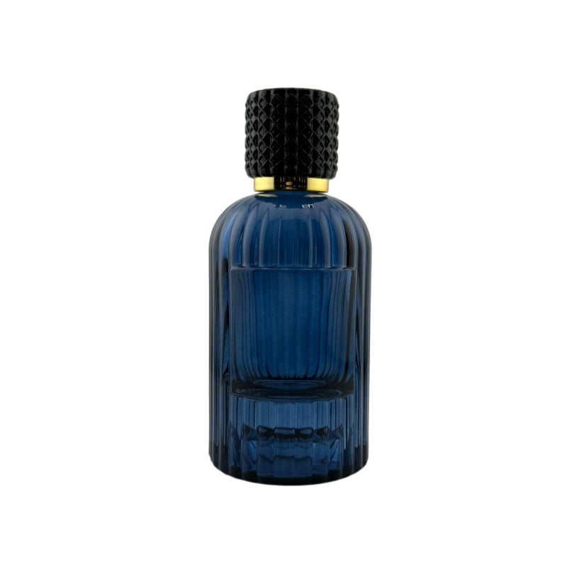 علب عطور زجاج أزرق فارغة سعة 100 مل مع بخاخ كبس وخيار غطاء أسود أو ذهب