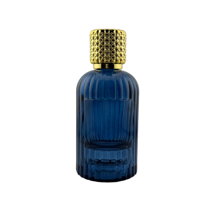 علب عطور زجاج أزرق فارغة سعة 100 مل مع بخاخ كبس وخيار غطاء أسود أو ذهب