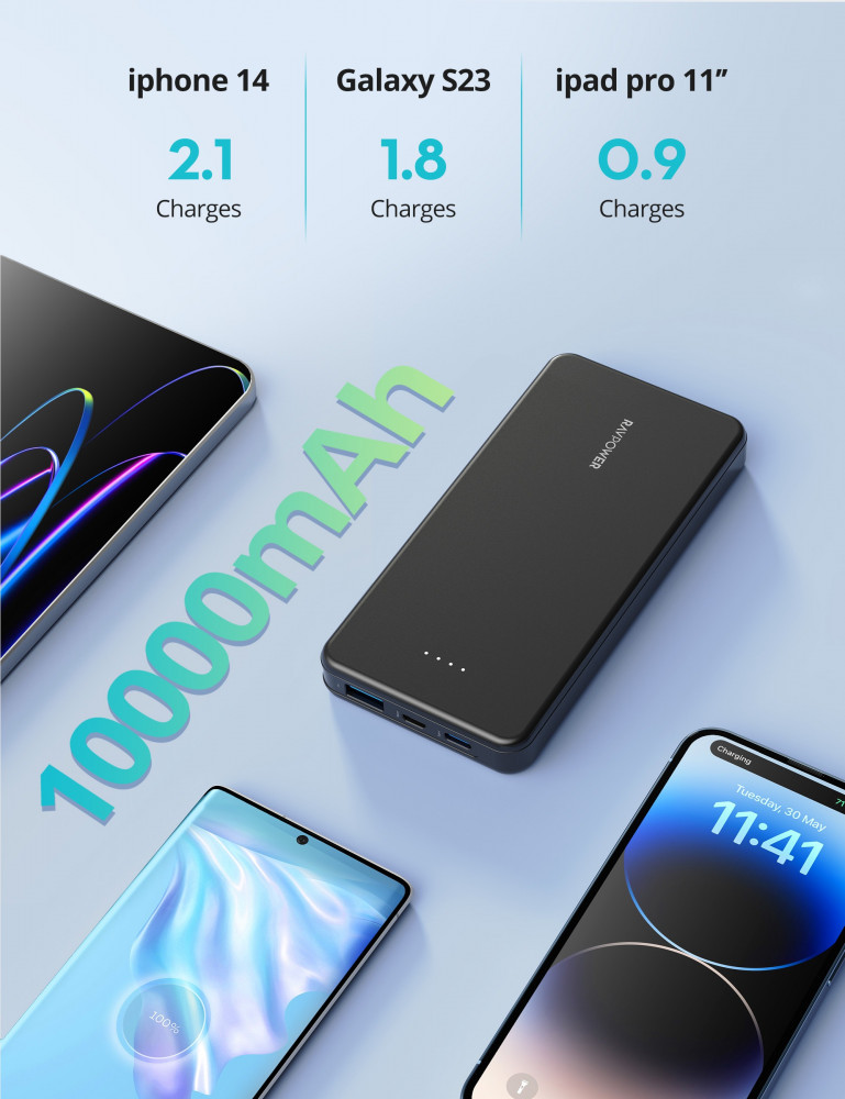 RAF Power - Power bank 10000 mAh with Type-C port, Micro port, and USB port with 15-watt power