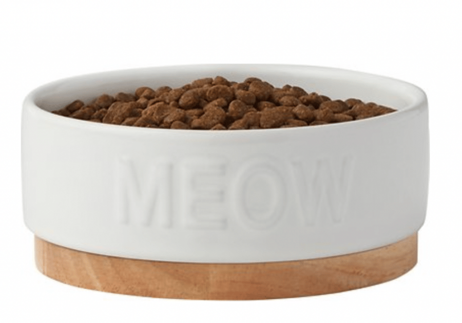 Ceramic Pet Bowl Meow with wood base