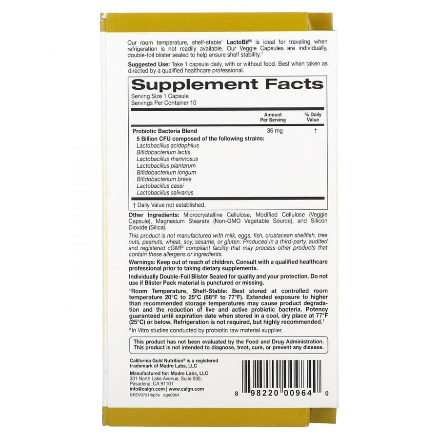بروبيوتيك لاكتوبيف 5 مليارات وحدة 10 كبسولات نباتية California Gold Nutrition LactoBif