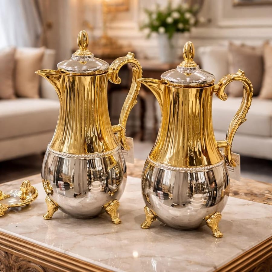 طقم ترامس شاي وقهوة فاخر 2 حبة بتصميم ذهبي أنيق