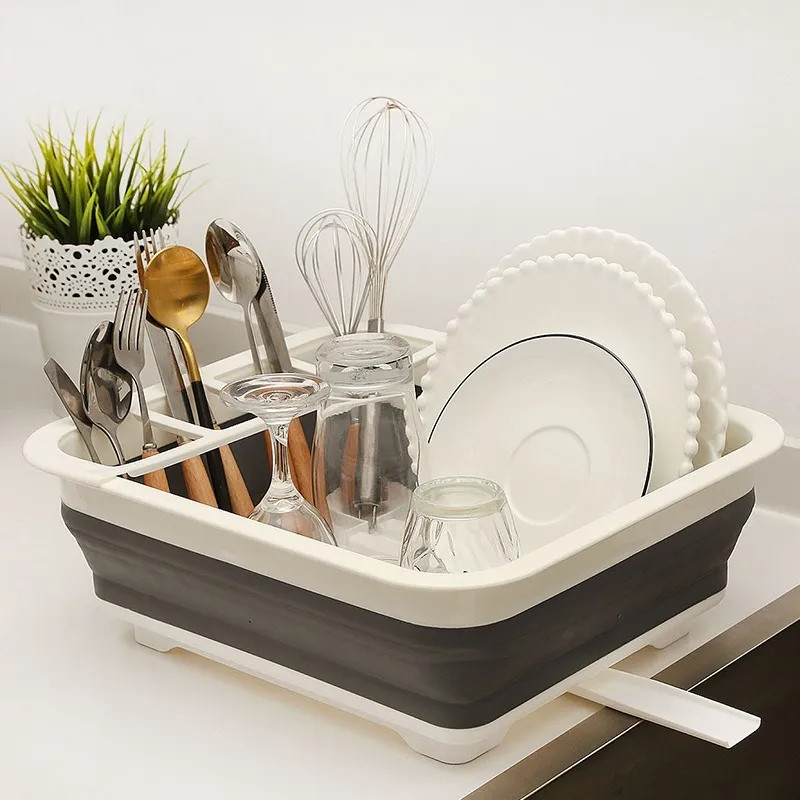 Dish drying rack, foldable and easy to store, with a strainer and a holder for cutlery, gray