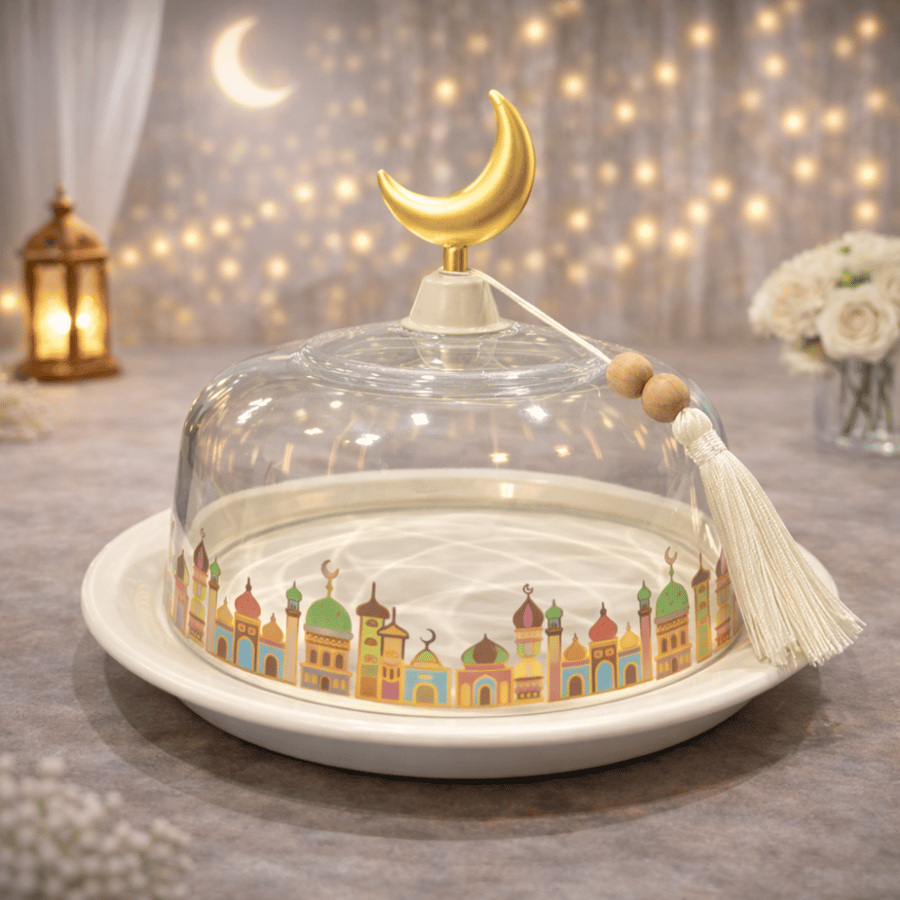 Small size glass serving plate with Ramadan theme