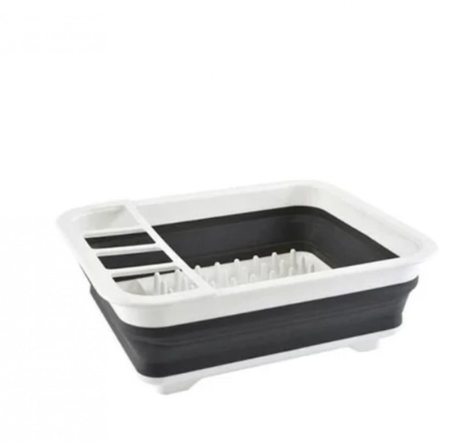 Dish drying rack, foldable and easy to store, with a strainer and a holder for cutlery, gray