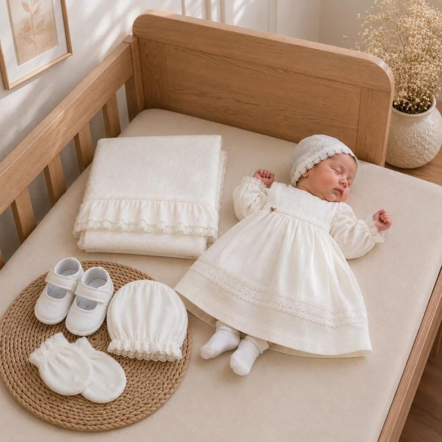 طقم استقبال 5 قطع Baby dola للرضع البنات باللون الأبيض