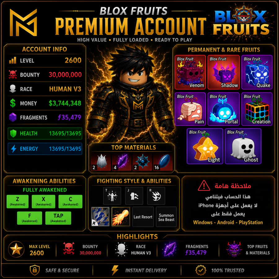 Blox Fruitsحساب بلوكس فروت 30 مليون باونتي اسلوب دم قوي فخم اسطوري pvp