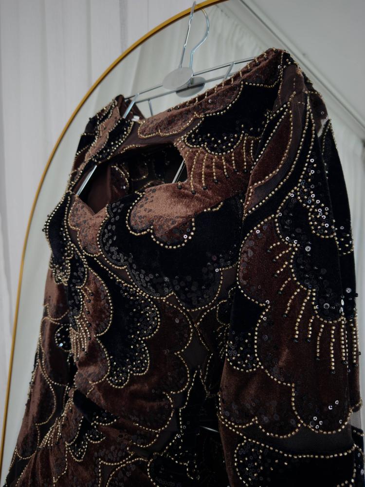 A brown dress with elegant velvet