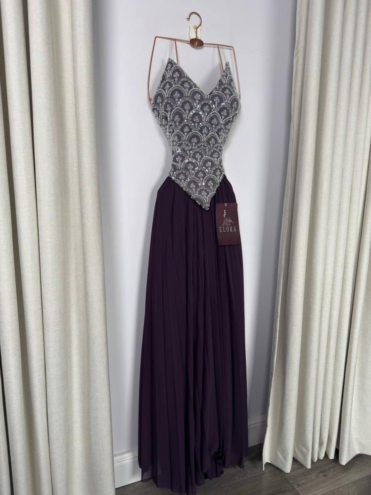 A purple evening dress, elegant.
